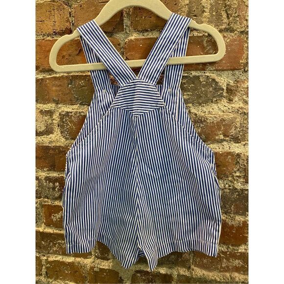 Yellow Bird VINTAGE Blue WhiteTrain Conductor Stripes Overall Bib Shorts Baby/To - Picture 2 of 6
